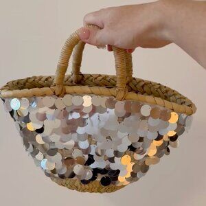 Mango Silver Sequin Mini Straw Bag
